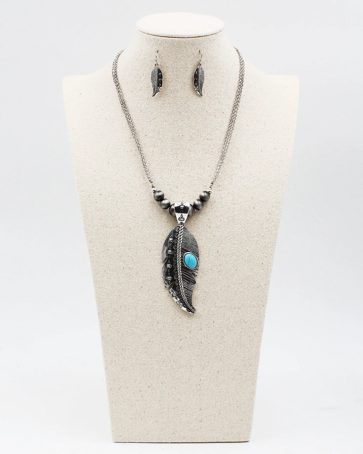 Metal Leaf Pendant Necklace Set with Turquoise Accent