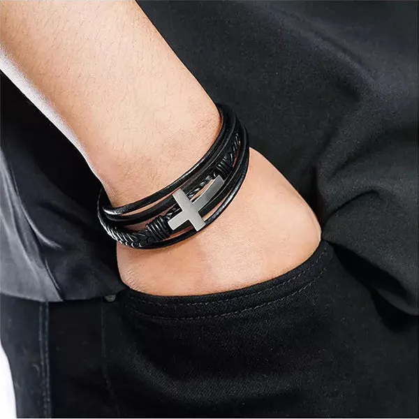 Multilayer Mens Bracelet , Genuine Leather with Cross, Christian Bracelet