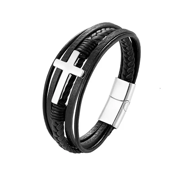 Multilayer Mens Bracelet , Genuine Leather with Cross, Christian Bracelet