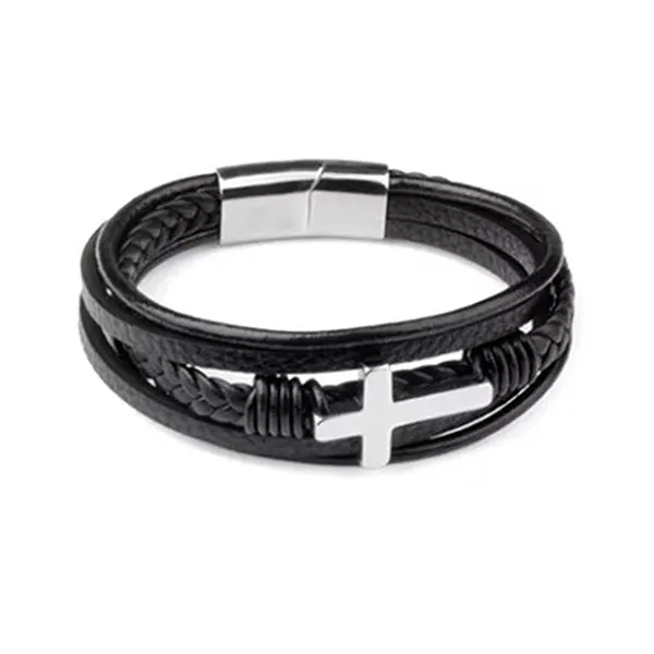 Multilayer Mens Bracelet , Genuine Leather with Cross, Christian Bracelet