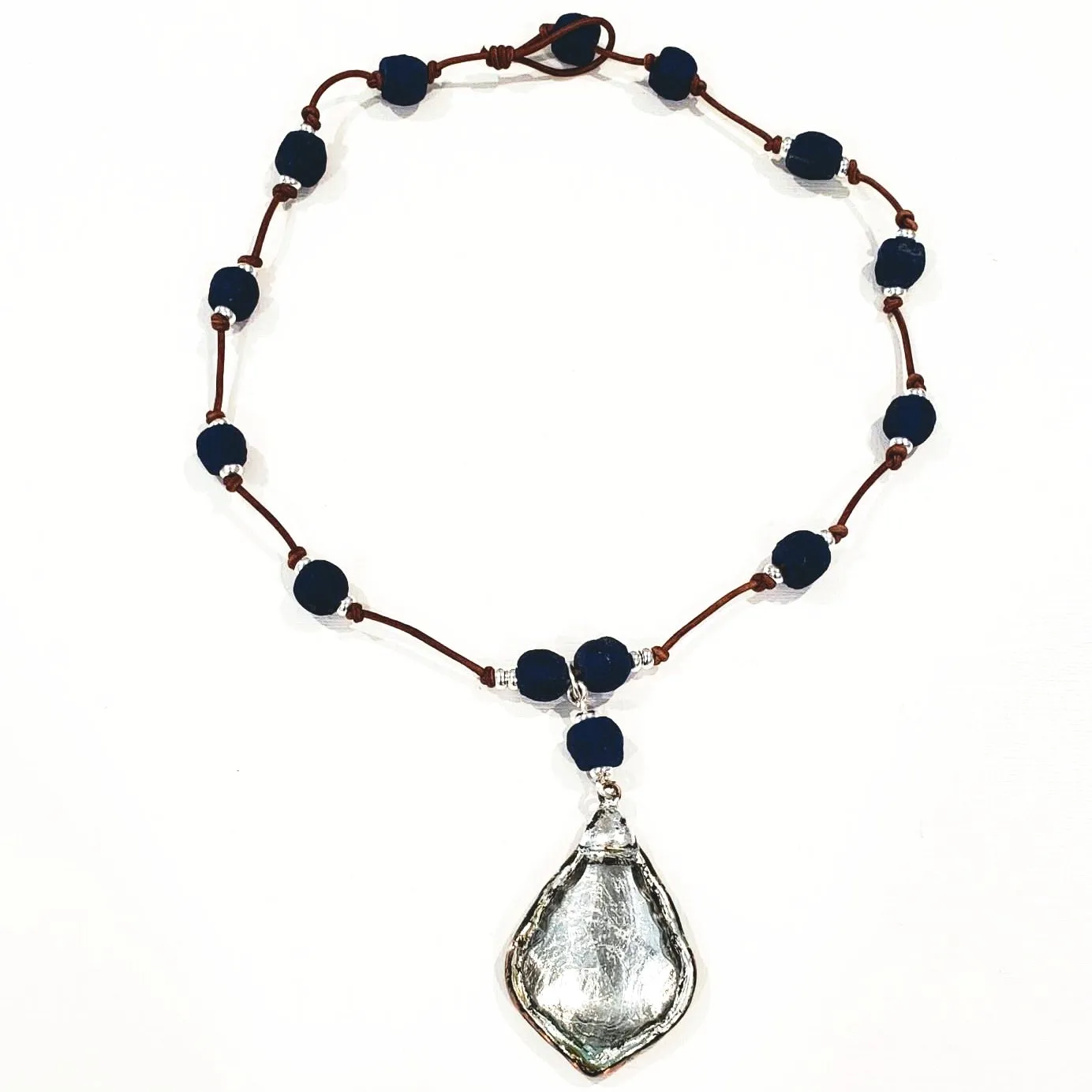 Navy Blue Beach Glass Necklace With Crystal Pendant