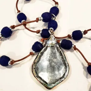 Navy Blue Beach Glass Necklace With Crystal Pendant