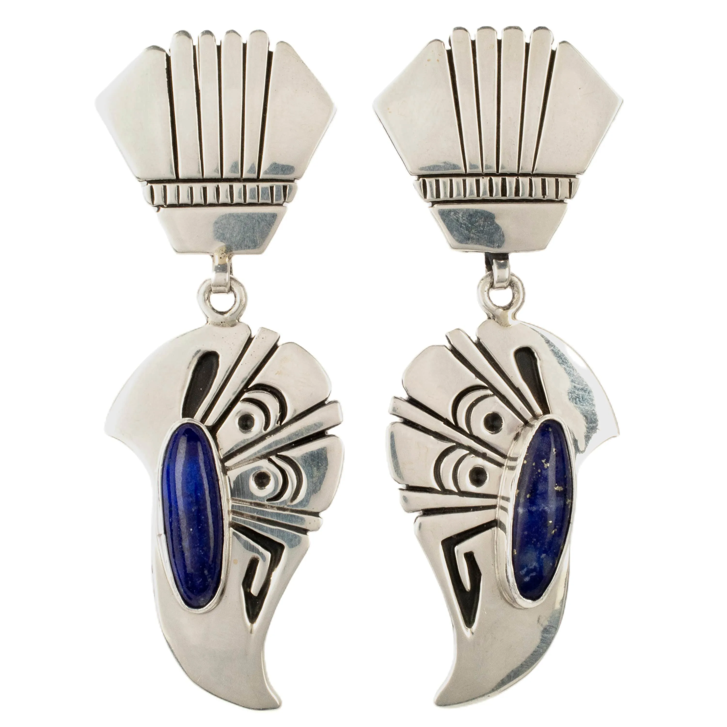 Nelson Begay Navajo Lapis USA Native American Made 925 Sterling Silver Dangly Earrings with Stud Backing