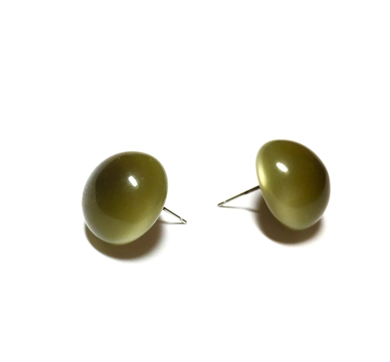 Olive Green Moonglow Retro Button Stud Earrings