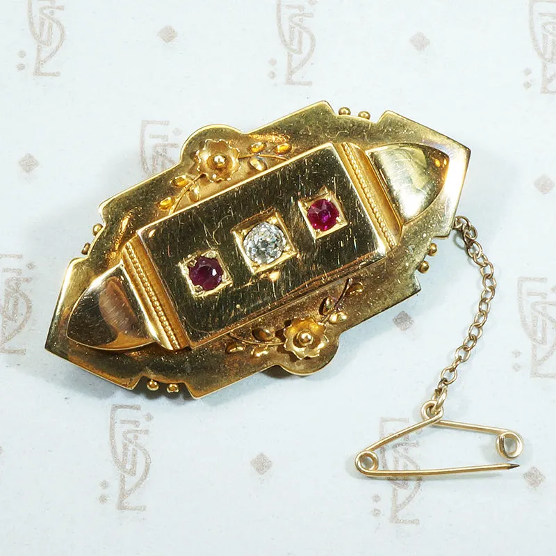 OMC Diamond and Ruby Set English Locket Brooch