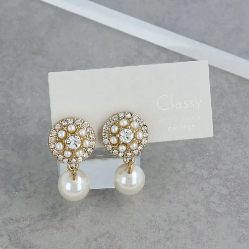 Pave Disc  Drop Pearl Clip On Earrings