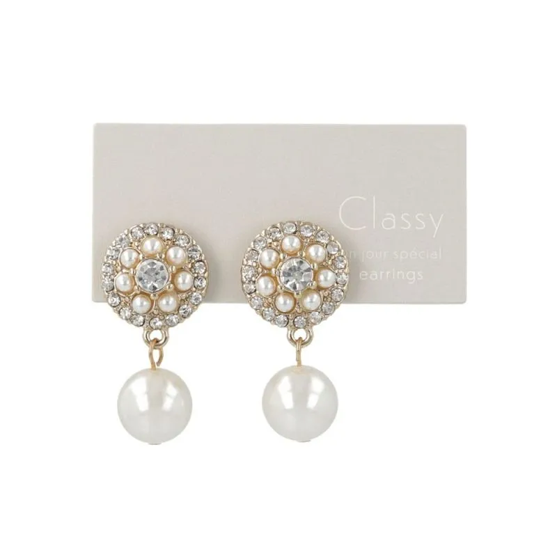 Pave Disc  Drop Pearl Clip On Earrings