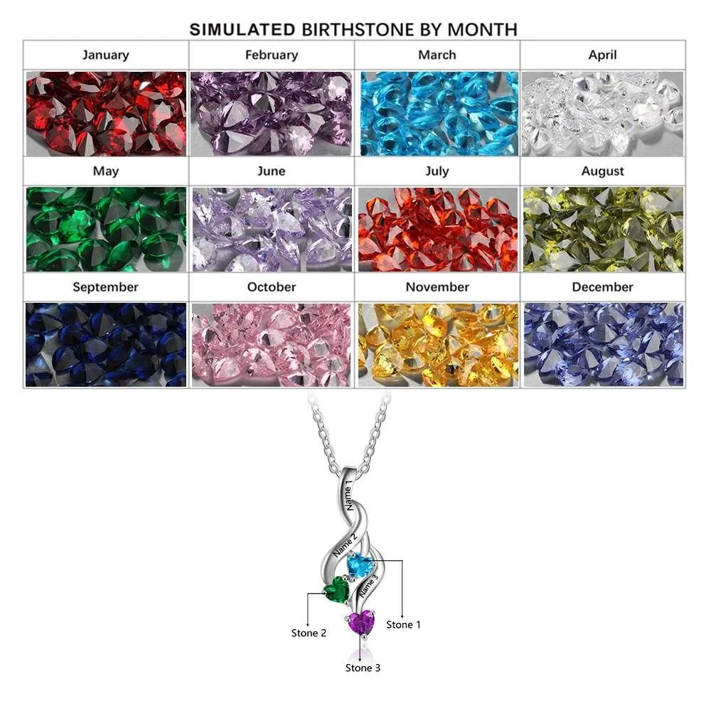 Personalized 3 Heart Birthstone Engrave Name Pendant Necklace