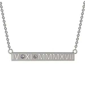 Personalized Diamond Roman Numerals Horizontal Bar Pendant Necklace 14K Gold