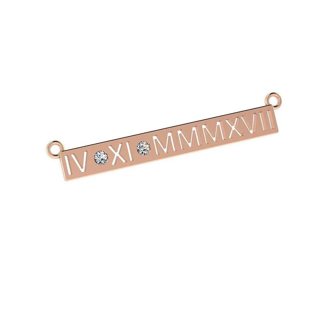 Personalized Diamond Roman Numerals Horizontal Bar Pendant Necklace 14K Gold