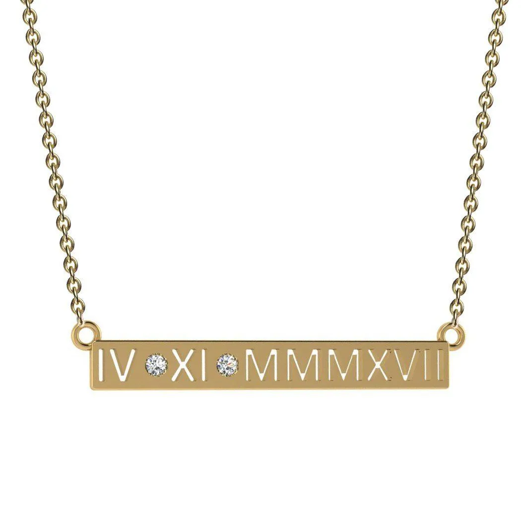 Personalized Diamond Roman Numerals Horizontal Bar Pendant Necklace 14K Gold