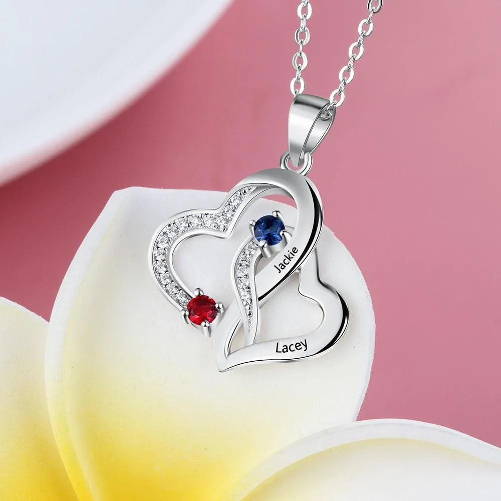 Personalized Intertwined Heart Pendant Necklace with 2 Birthstones and Name Engravings Jewelry for Women