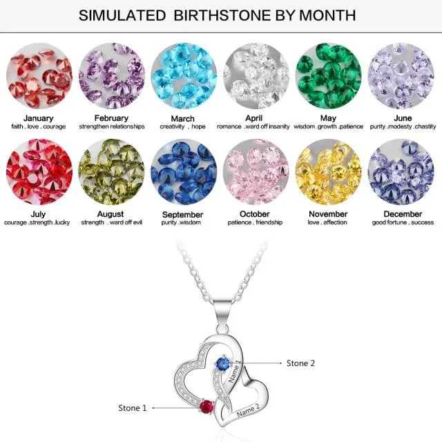 Personalized Intertwined Heart Pendant Necklace with 2 Birthstones and Name Engravings Jewelry for Women