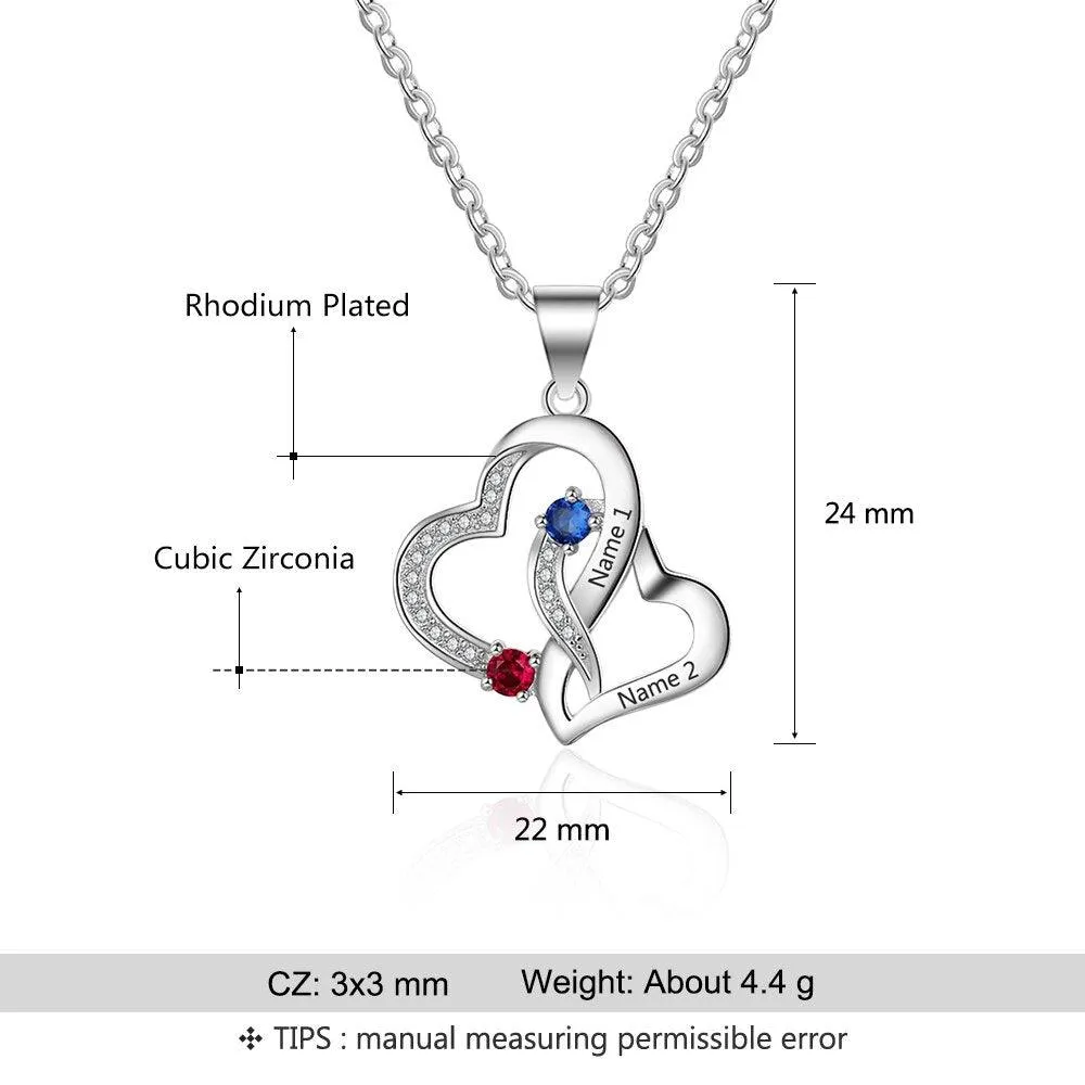 Personalized Intertwined Heart Pendant Necklace with 2 Birthstones and Name Engravings Jewelry for Women