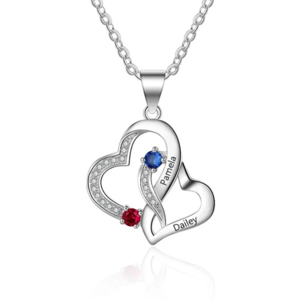 Personalized Intertwined Heart Pendant Necklace with 2 Birthstones and Name Engravings Jewelry for Women