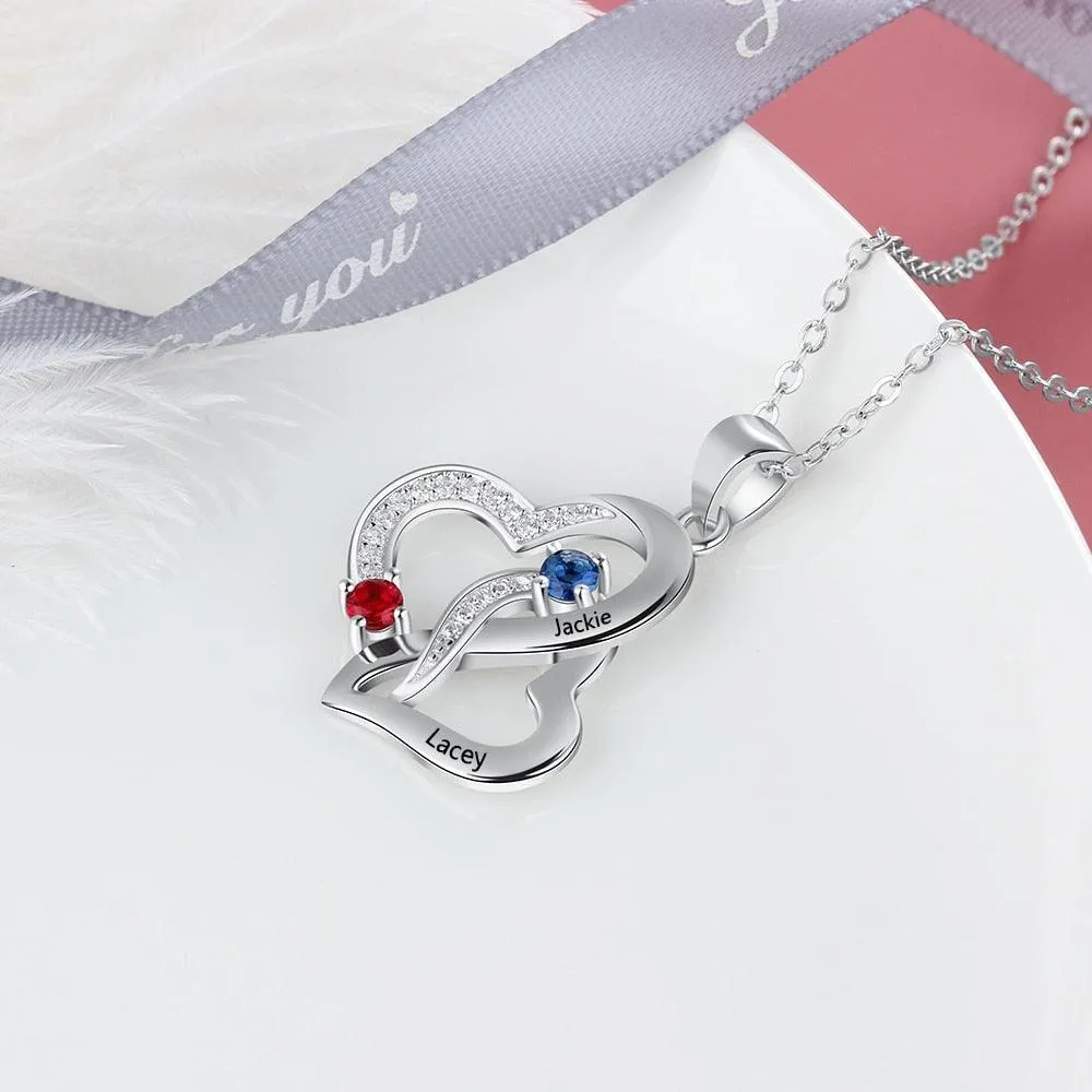 Personalized Intertwined Heart Pendant Necklace with 2 Birthstones and Name Engravings Jewelry for Women