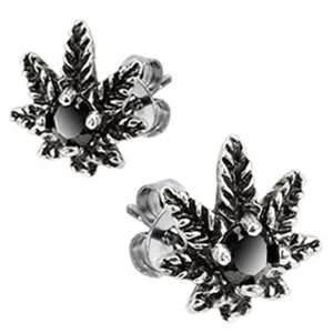 Pierce2GO 1 Pair of 316L Earrings with Marijuana Leaf Pendant With Black CZ Stone