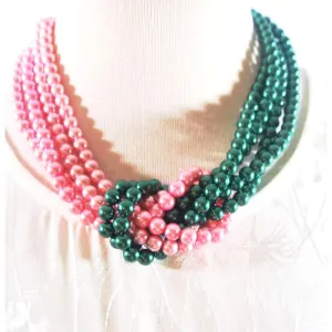 Pink and Green Twist Beaded Pearls Necklace