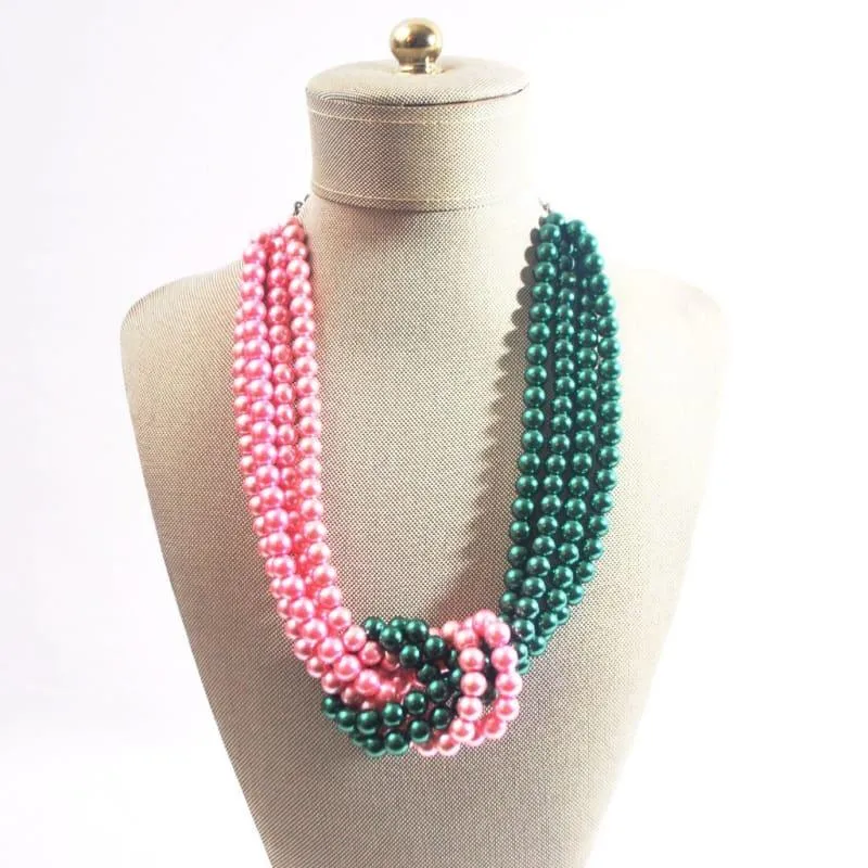 Pink and Green Twist Beaded Pearls Necklace