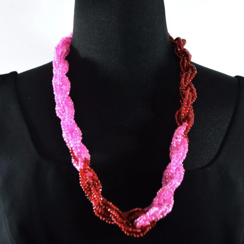 Pink And Red Color Block Unique Twisted Beaded Necklace