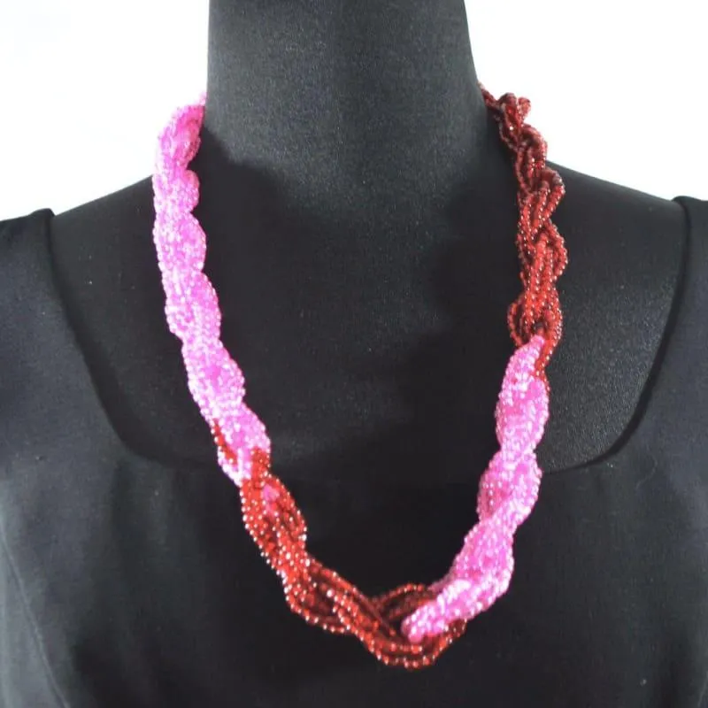 Pink And Red Color Block Unique Twisted Beaded Necklace