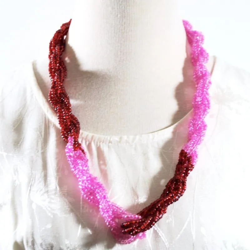 Pink And Red Color Block Unique Twisted Beaded Necklace