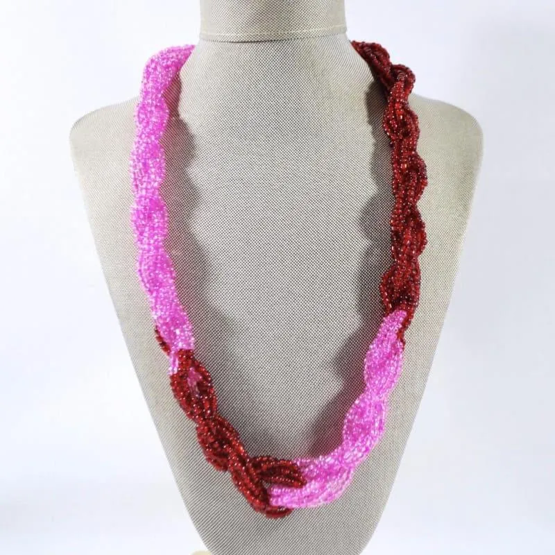 Pink And Red Color Block Unique Twisted Beaded Necklace