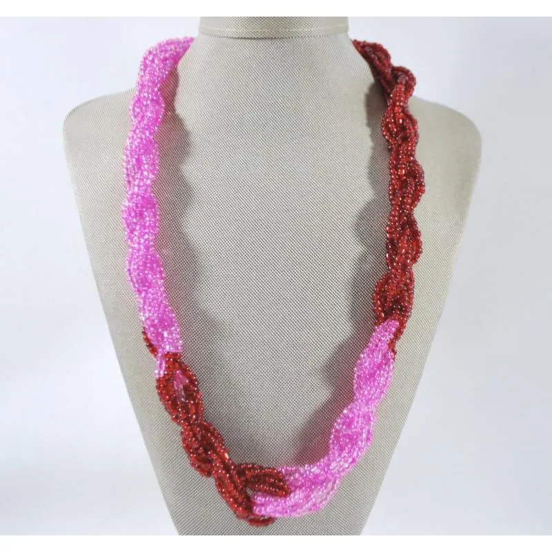 Pink And Red Color Block Unique Twisted Beaded Necklace