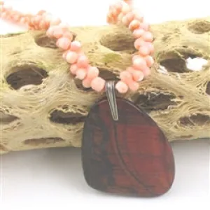 Pink Peanut Beaded Necklace with Obsidian Pendant