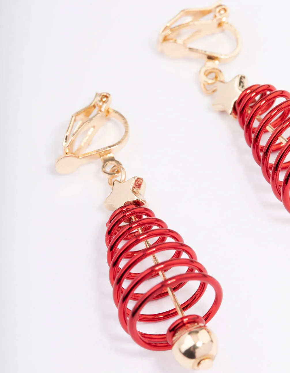 Red Spiral Christmas Tree Clip On Earrings