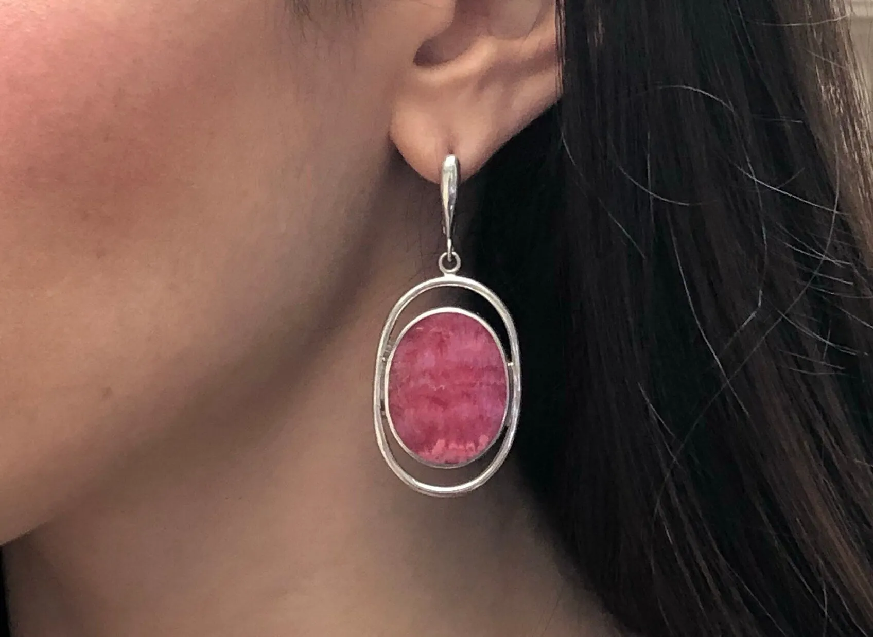 Rhodochrosite Earrings - Large Pink Earrings - Vintage Dangling Earrings