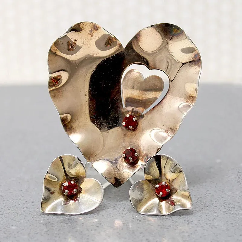 Romantic Retro Silver Gilt Heart Brooch & Earring Set