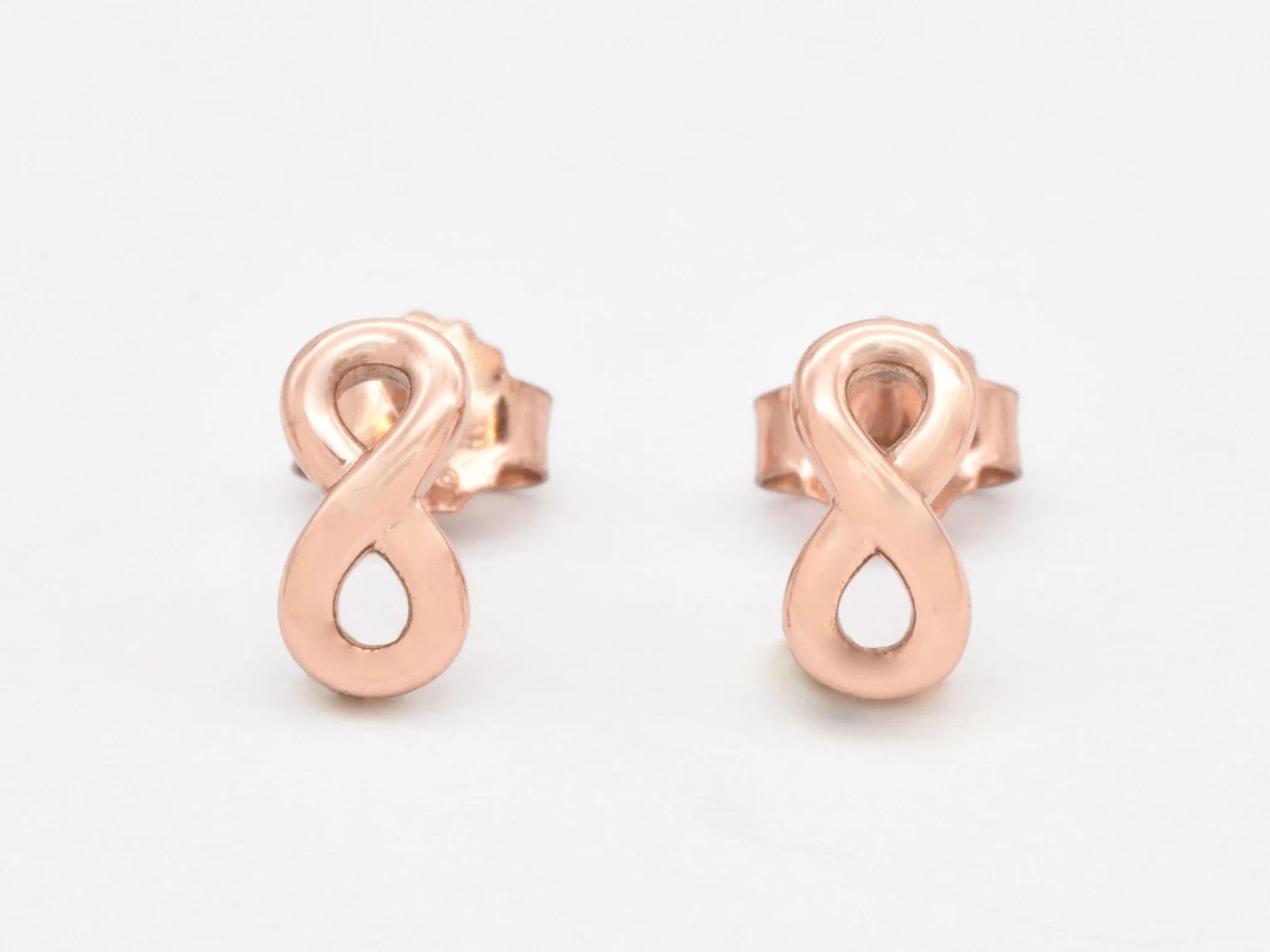 Rose Gold Infinity Earrings - Dainty Pink Studs - Minimalist Infinity Earrings