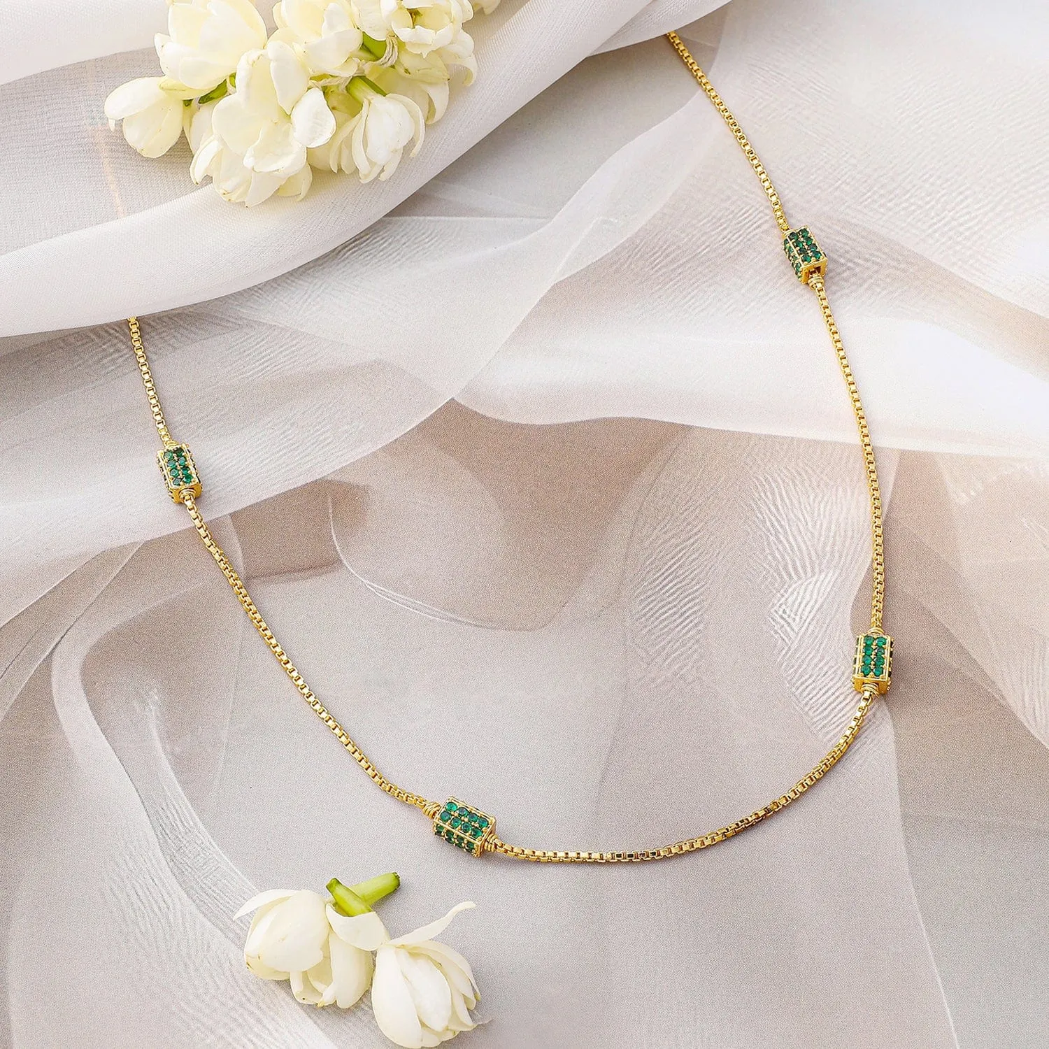 Rubans 18K Gold-Plated Emerald Green Beaded Elegant Long Gold Tone Necklace