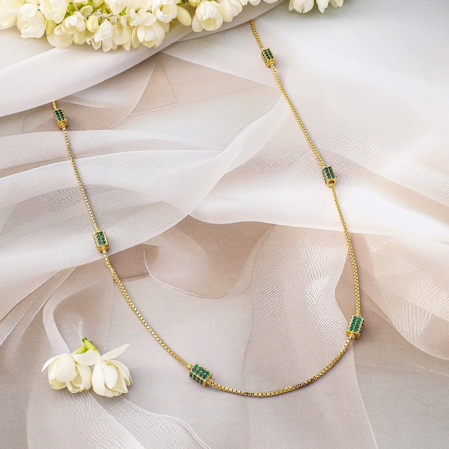 Rubans 18K Gold-Plated Emerald Green Beaded Elegant Long Gold Tone Necklace