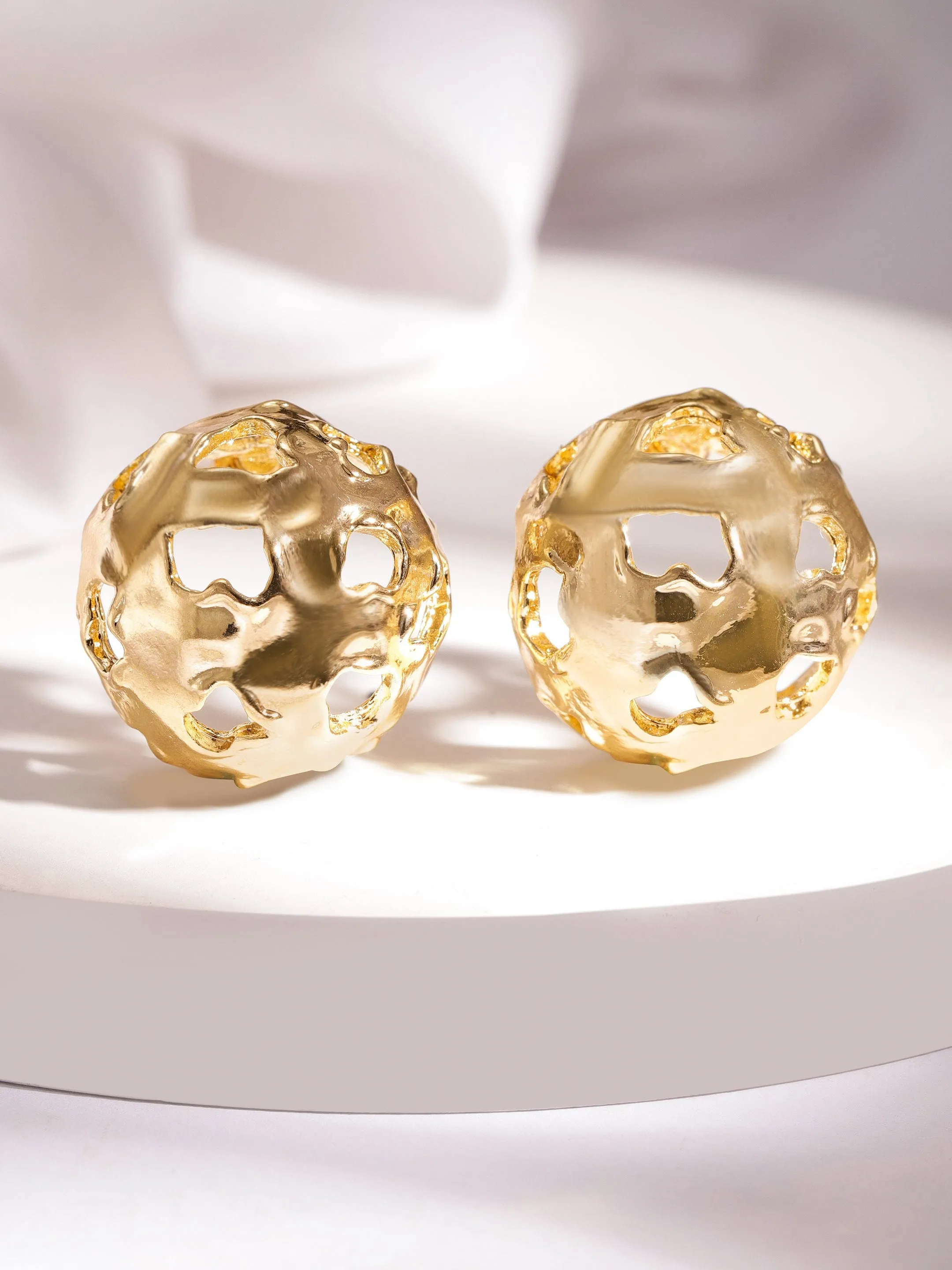 Rubans 18K Gold Plated Openwork Round Stud Earrings with Intricate Artistic Design