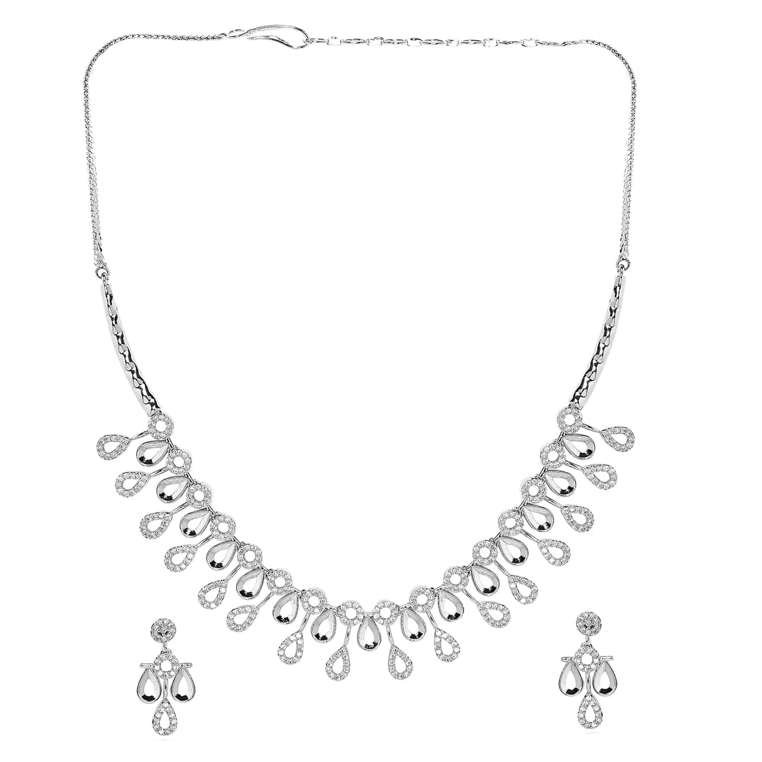 Rubans Rhodium-Plated White Cubic Zirconia Studded Teardrop Necklace Set