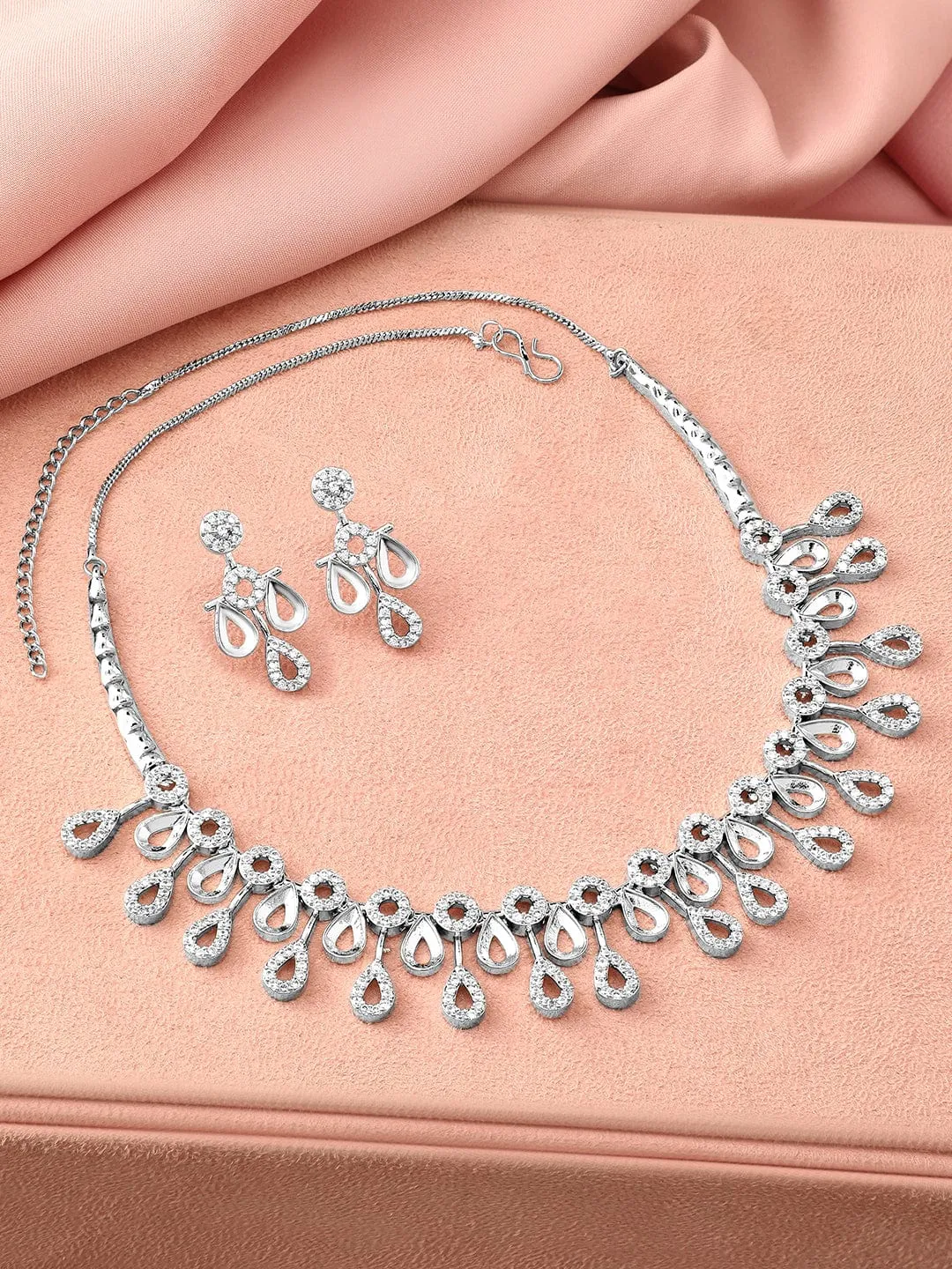 Rubans Rhodium-Plated White Cubic Zirconia Studded Teardrop Necklace Set