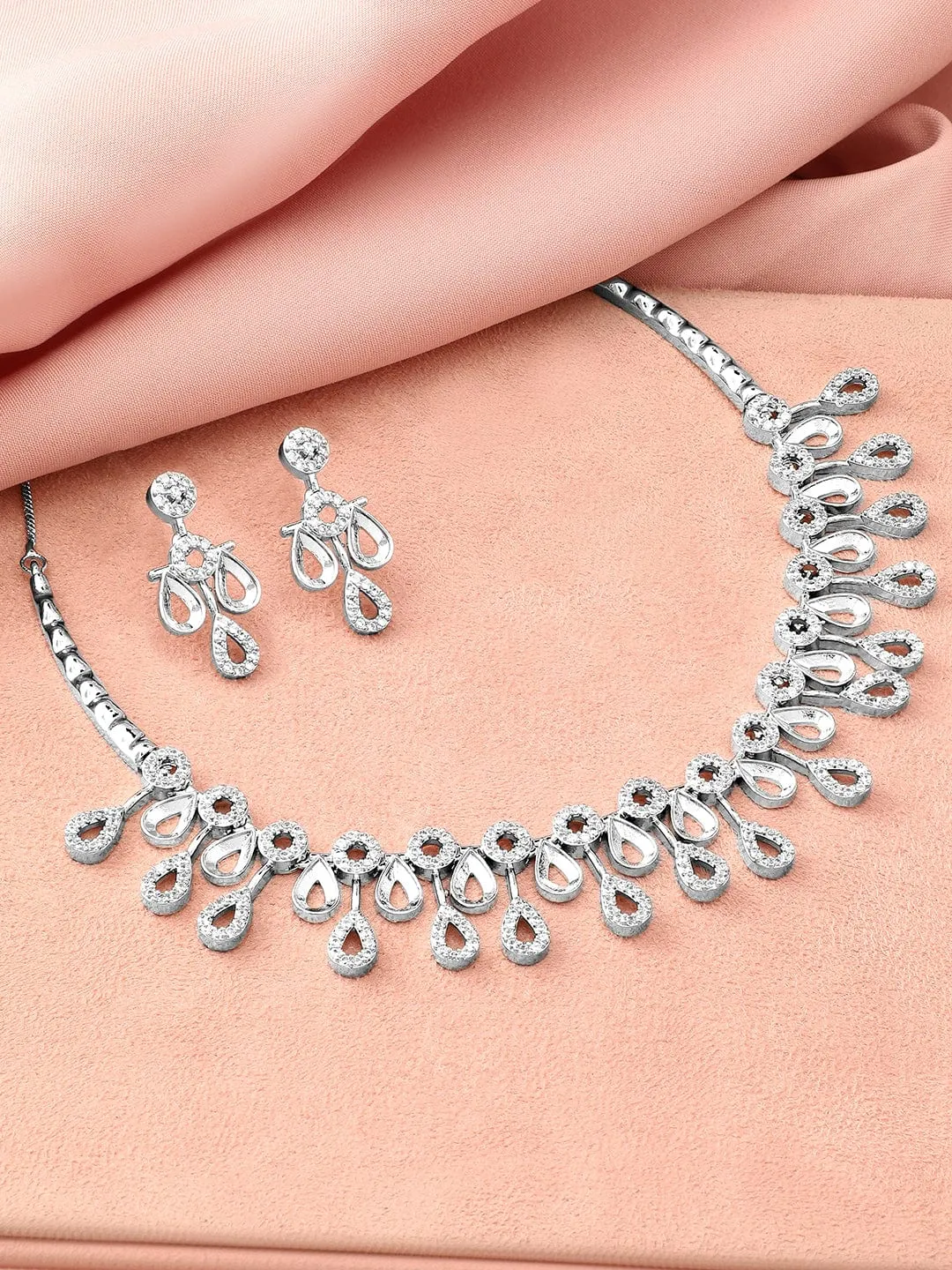 Rubans Rhodium-Plated White Cubic Zirconia Studded Teardrop Necklace Set