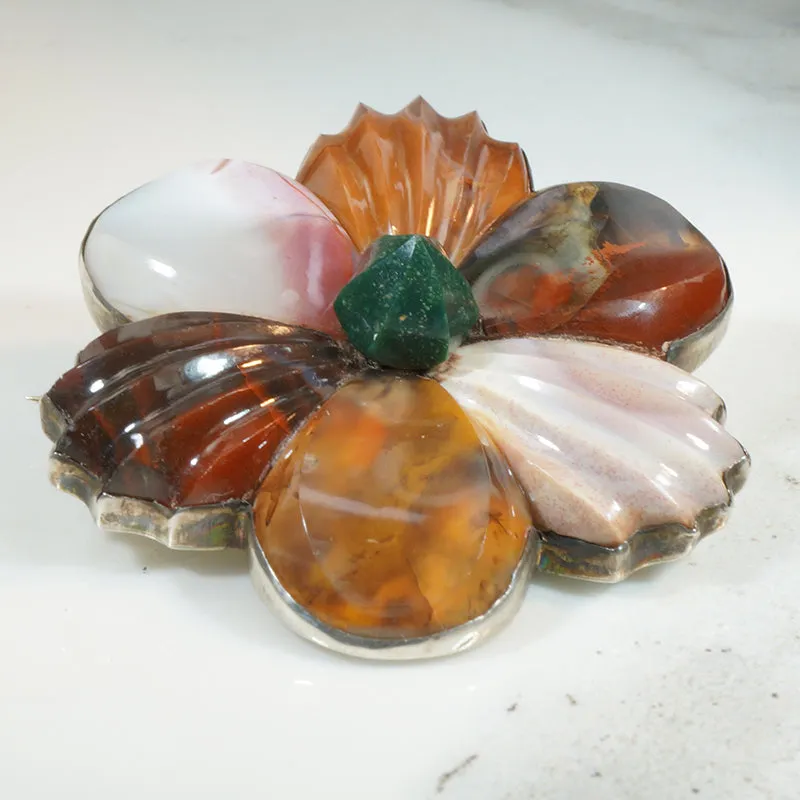 Scottish Flower Pebble Brooch with Carved Agate Petals