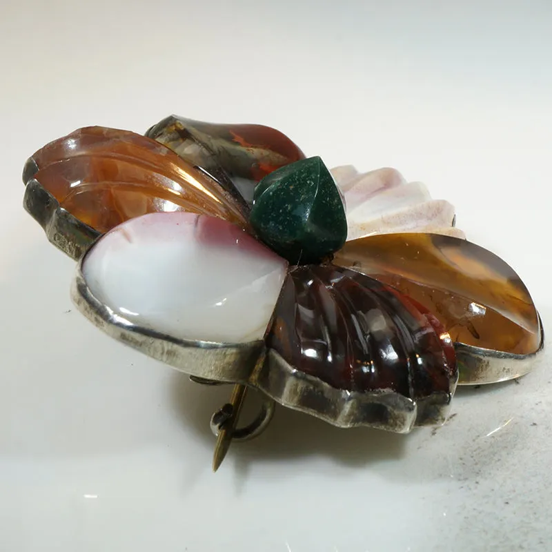 Scottish Flower Pebble Brooch with Carved Agate Petals