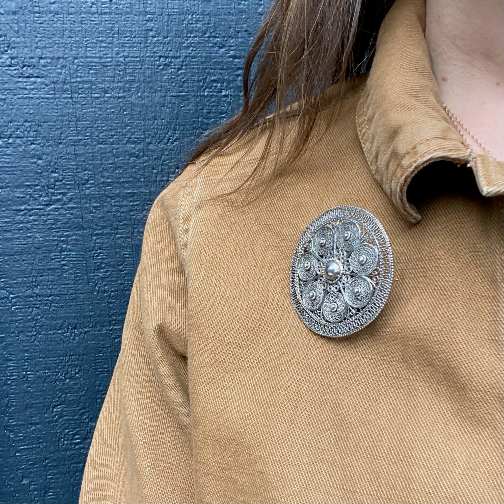 Silver Floral Filigree Shield Brooch