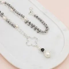 Silver Flower & Drop Pearl Necklace**