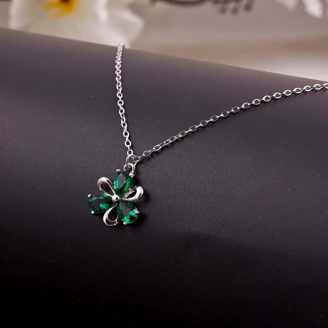 Silver Necklace with Green Gemstone Flower Pendant