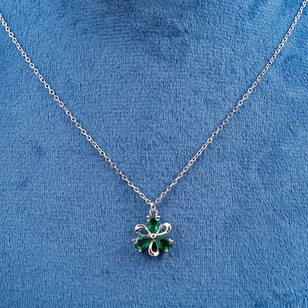 Silver Necklace with Green Gemstone Flower Pendant