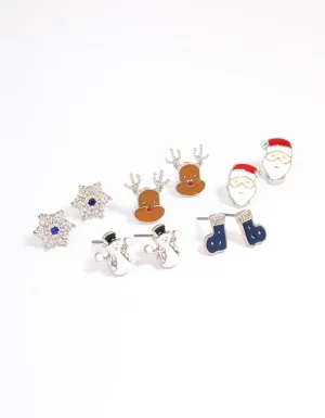 Silver Snowman & Snowflake Stud Earrings 5-Pack