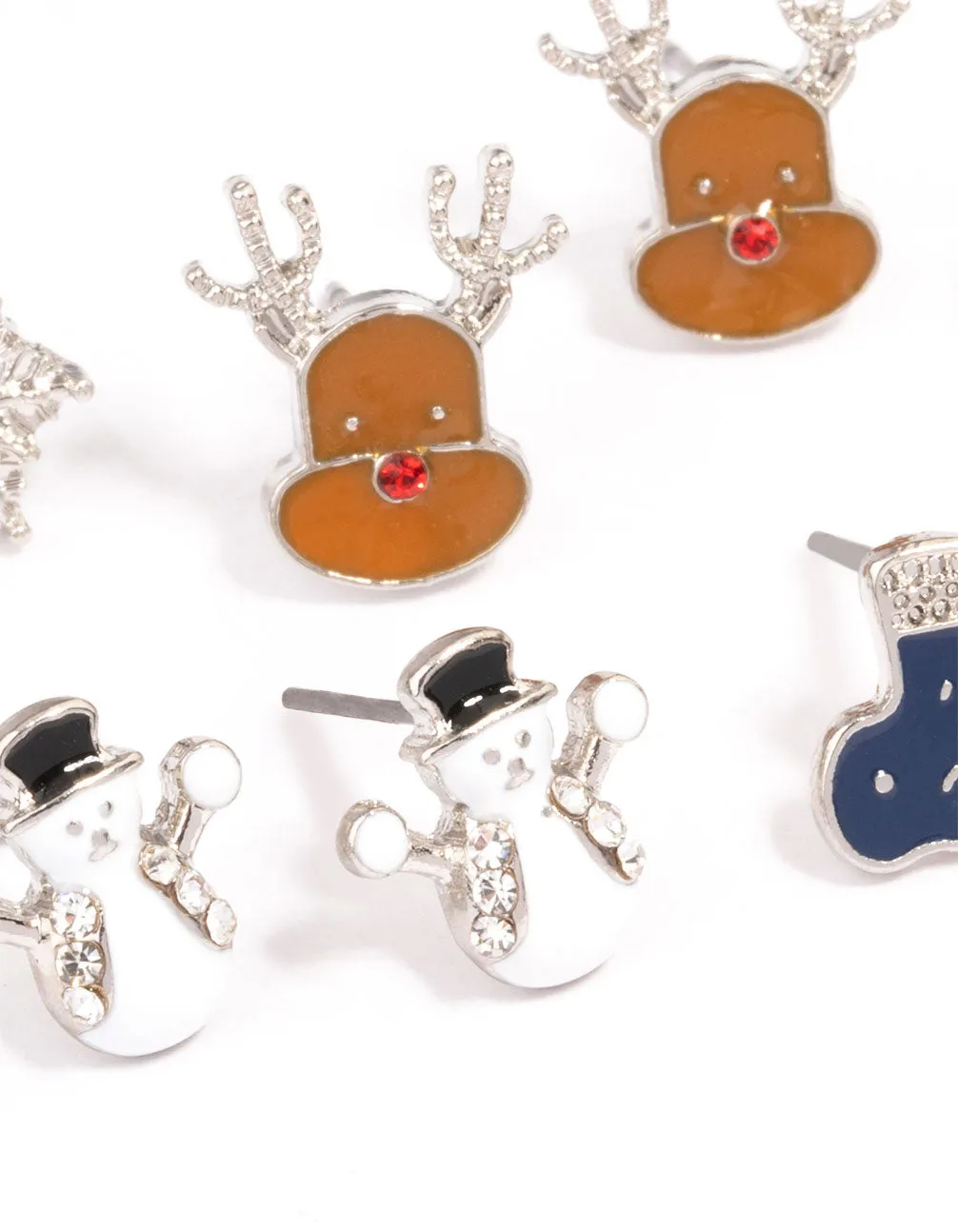 Silver Snowman & Snowflake Stud Earrings 5-Pack