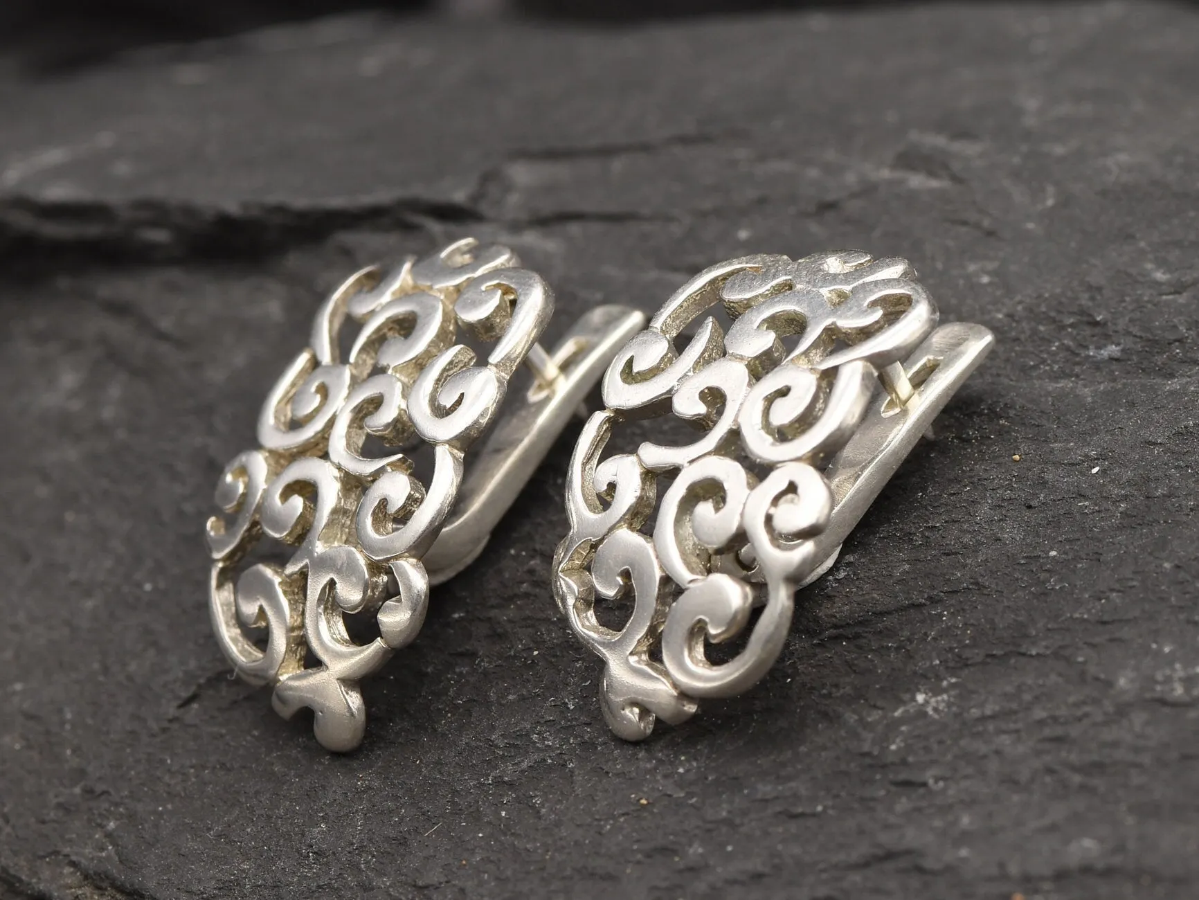 Silver Swirl Earrings - Silver Ornament Earrings - Half Hoop Earrings