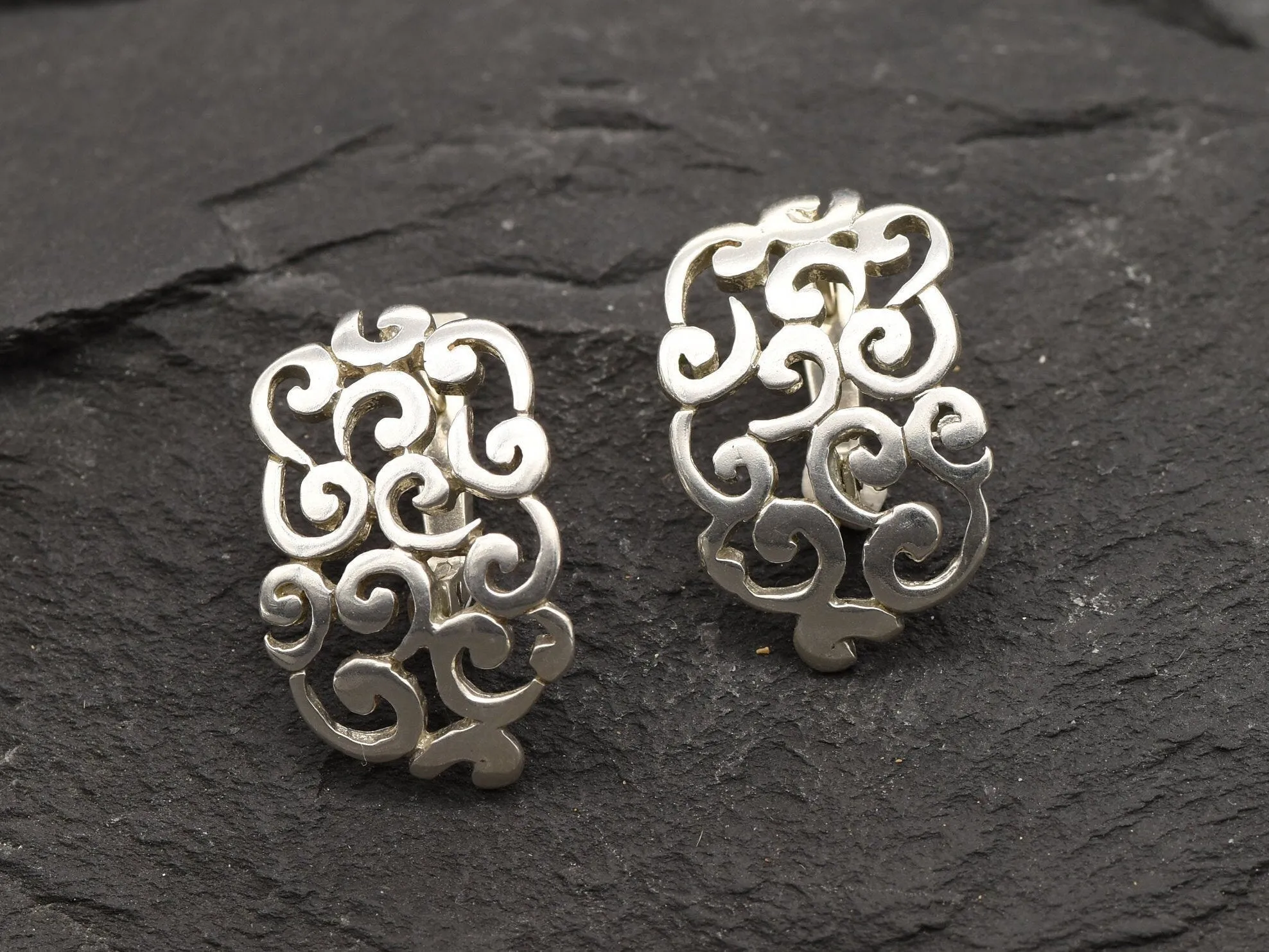 Silver Swirl Earrings - Silver Ornament Earrings - Half Hoop Earrings