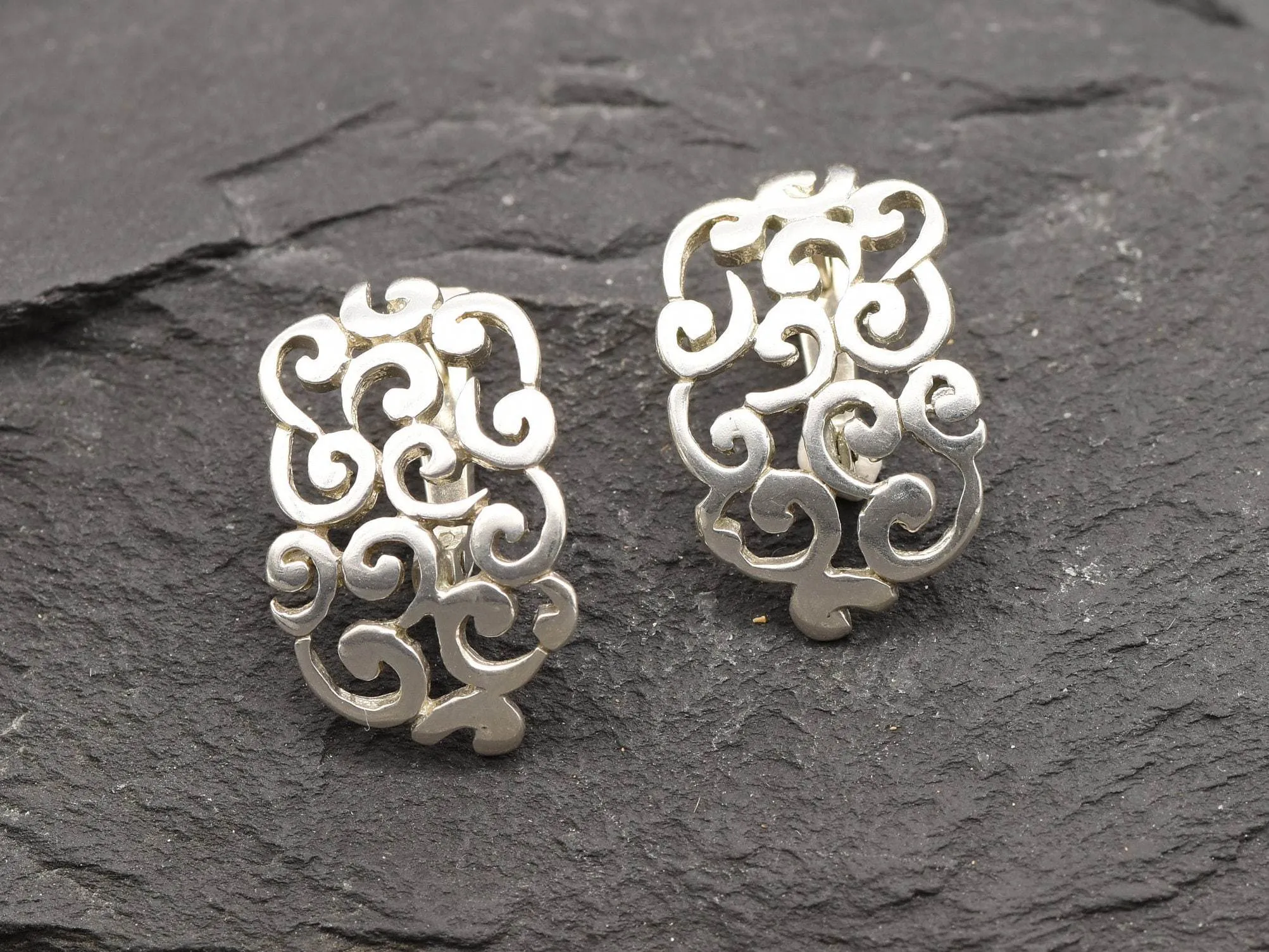 Silver Swirl Earrings - Silver Ornament Earrings - Half Hoop Earrings